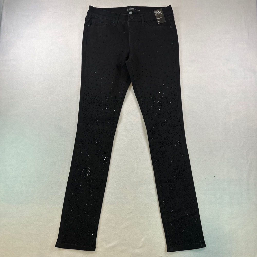 New York & Company Soho Skinny Jeans Black Rhinestone Studded Size 8 NWT